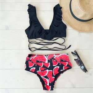 Black Ruffle Wrap Bikini Top with Watermelon High-Waist Bottom